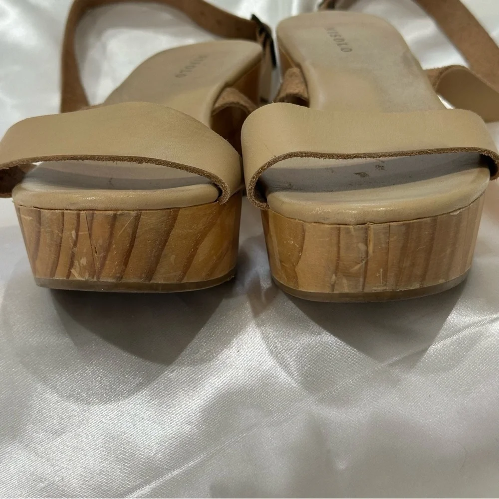 Nisolo Sarita Wooden Wedge Sandal Size 9 Leather Wrap Beige Festival Vacation